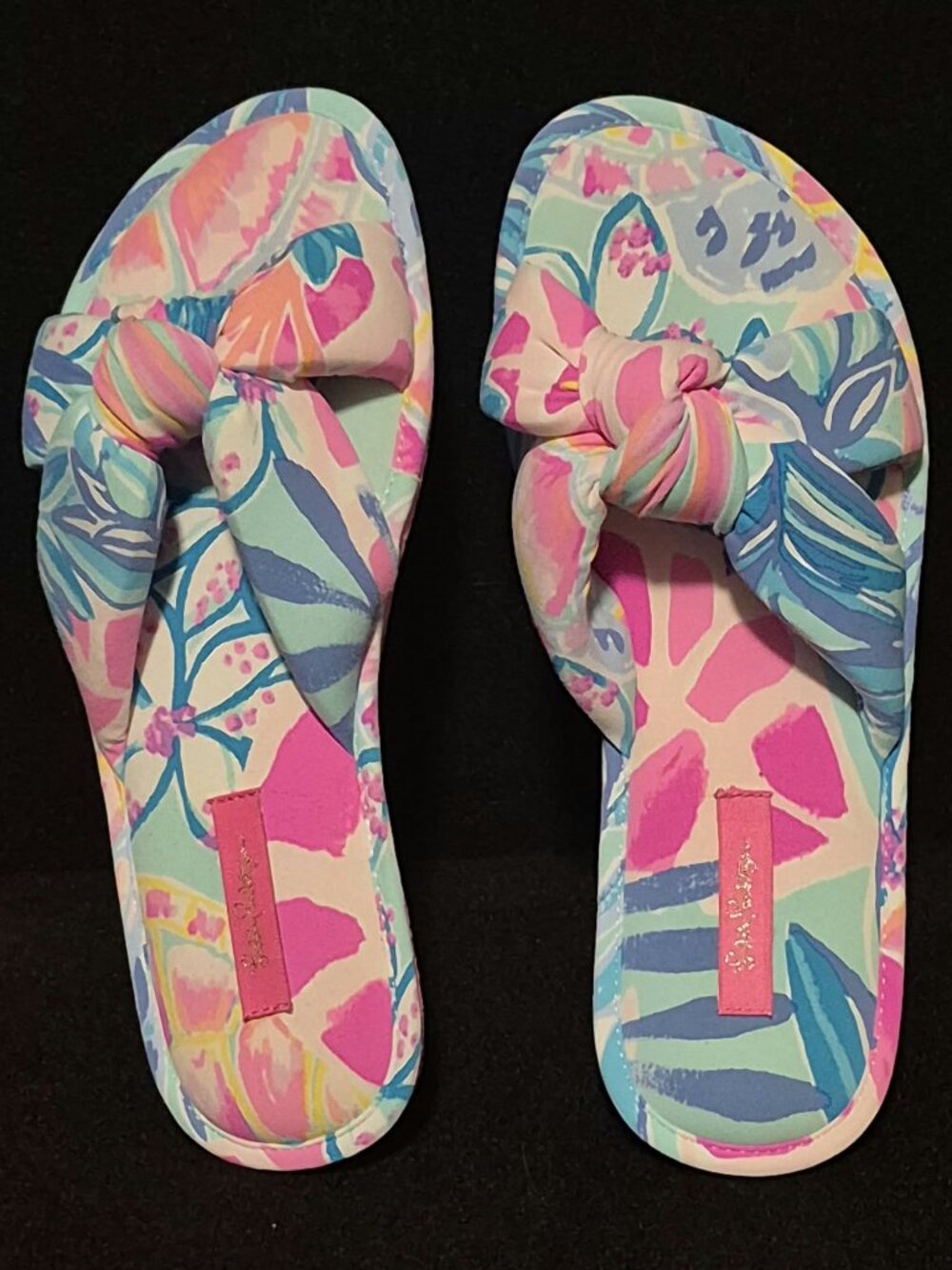 Lilly Pulitzer Pool Slipper Knotted Bow Slides S/M Pink Aqua Print